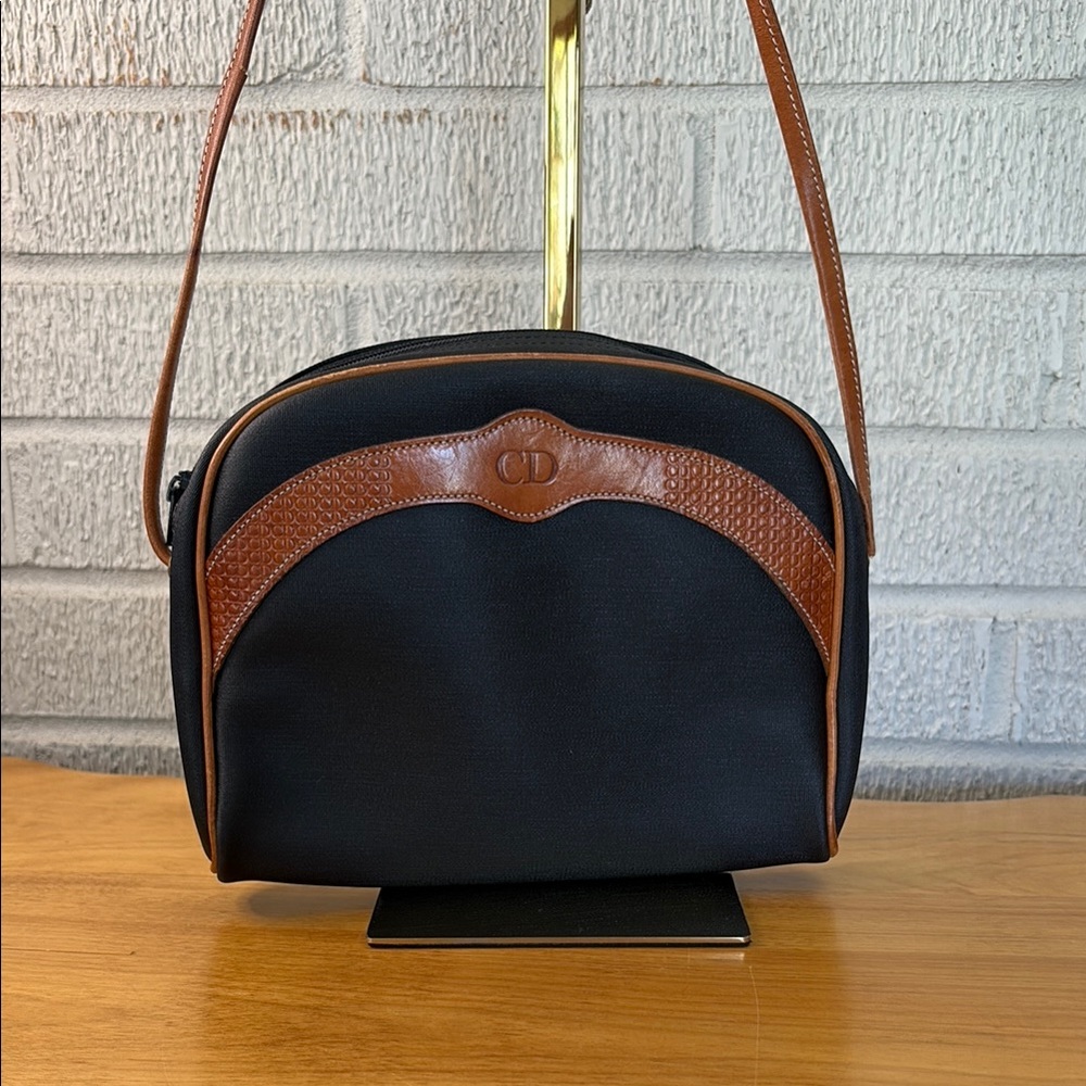 Vintage Dior Black Brown Leather Trim Shoulder Crossbody Bag